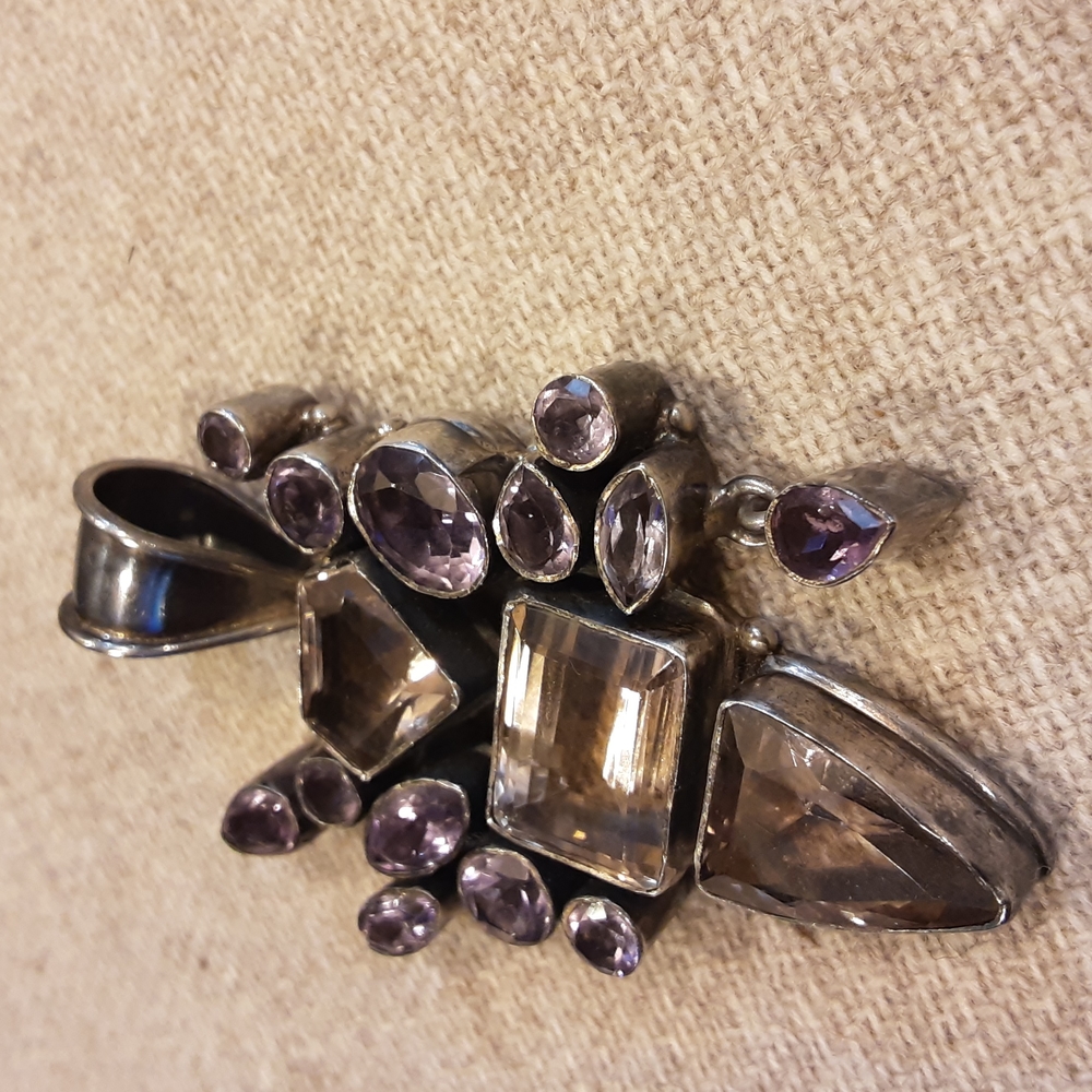 Vintage Sterling Silver Purple and Colorless Rhinestone Pendant